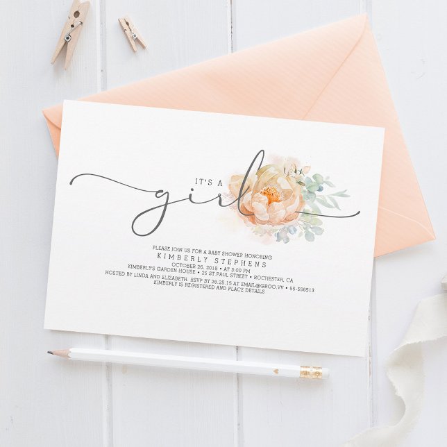Peach and Cream Floral Calligraphy Baby Shower Invitation (Creator Uploaded)