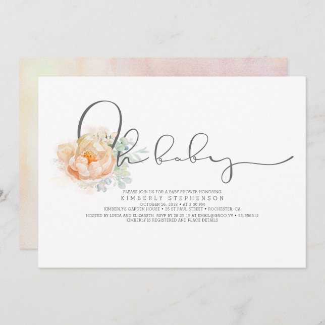 Peach and Cream Floral Script Baby Shower Invitation (Front/Back)