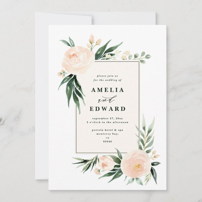 Peach and cream watercolor leaf + foliage wedding (Front)