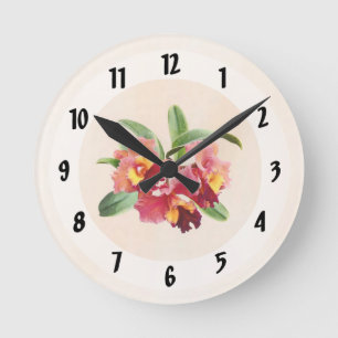 Peach and Crimson Cattleya Orchids Round Clock