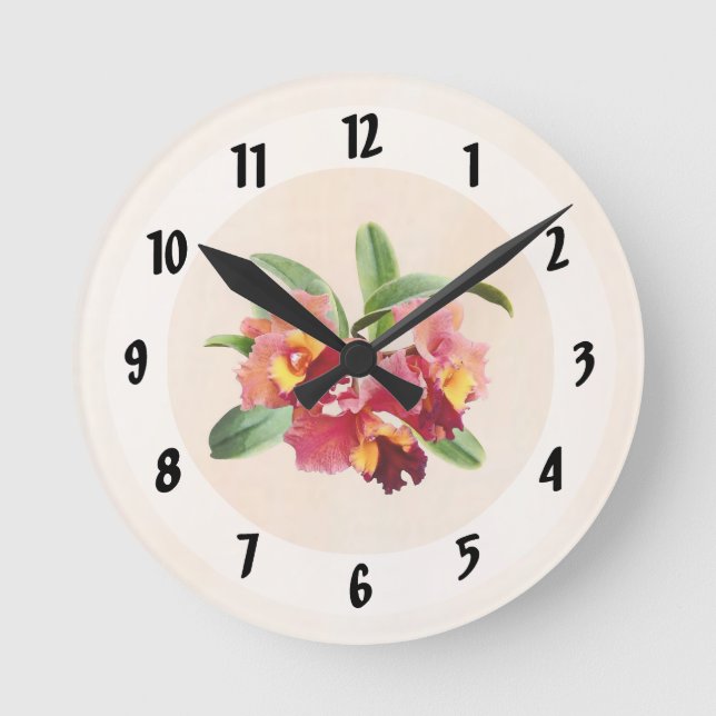 Peach and Crimson Cattleya Orchids Round Clock (Front)