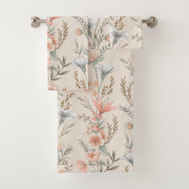 Peach and Dusty Blue Floral Garland Bath Towel Set (Insitu)
