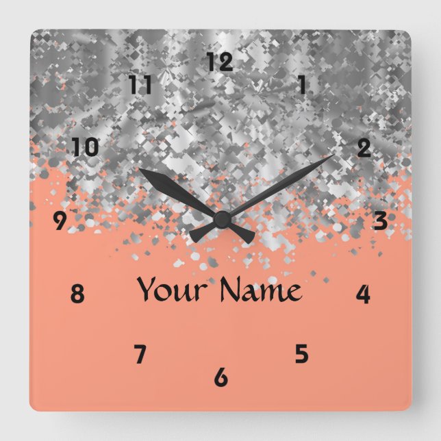 Peach and faux glitter personalised square wall clock (Front)