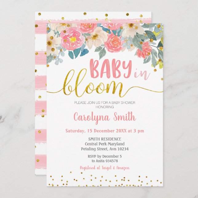 Peach and Gold Baby in Bloom Invitation (Front/Back)