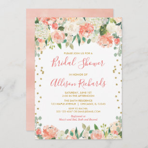 Peach and gold glitter floral bridal shower invitation