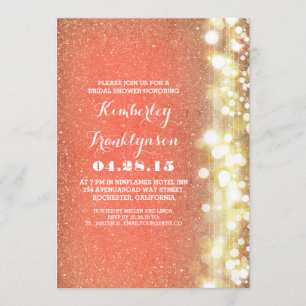 peach and gold glitter lights bridal shower invitation