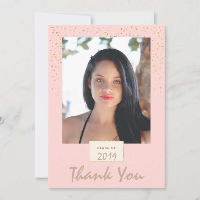 Peach and Gold Glitter Photo Graduation Thank You Card (Front)