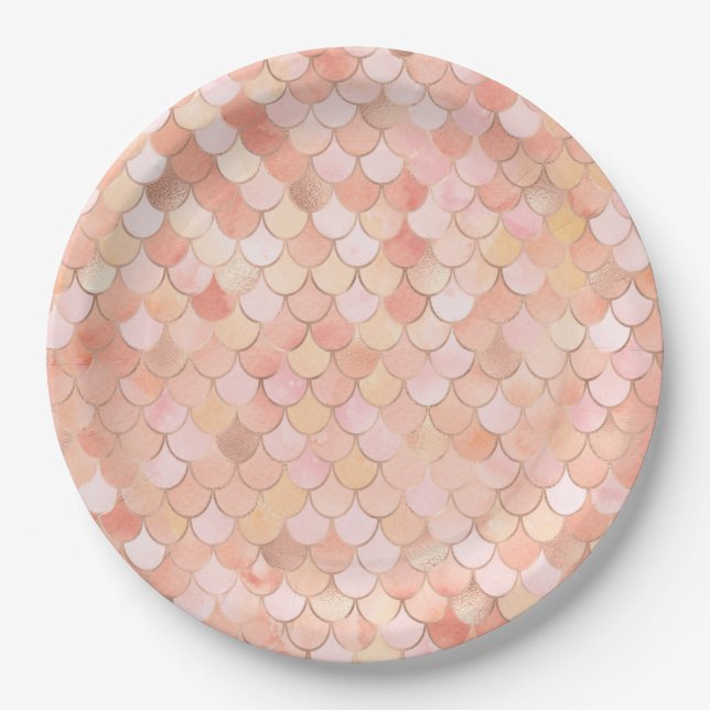Peach and Gold Mermaid Scales Paper Plate (Front)