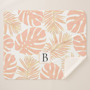 Peach and gold tropical leaves and monogram sherpa blanket