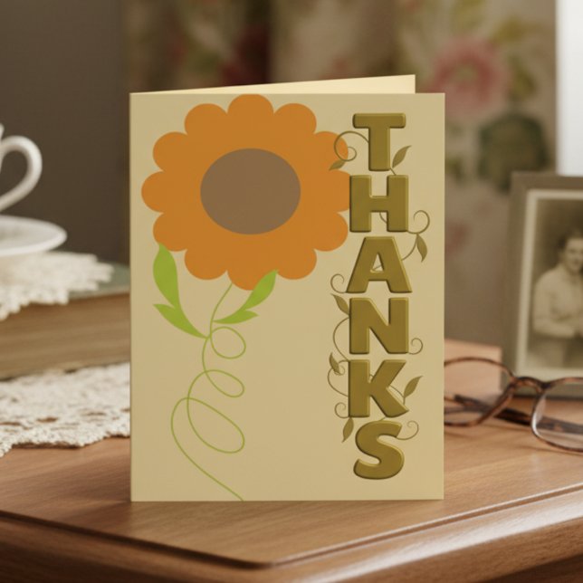 Peach and Gold With Orange Flower Thank You Card (Big flower, bold thanks. A cozy card for heartfelt appreciation. Orange and gold combination.)