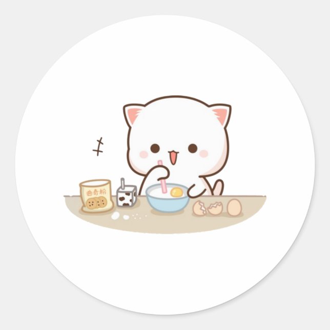 Peach And Goma Mochi Cat Making Cakes Classic Round Sticker (Front)