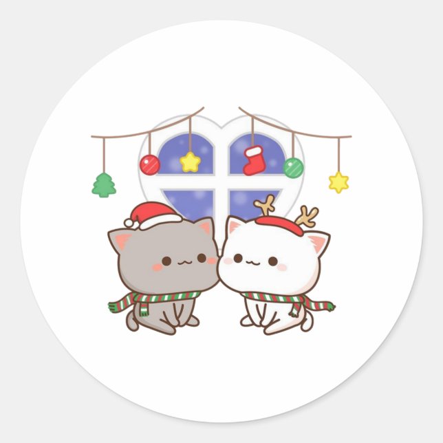 Peach And Goma Mochi Cat, Merry Christmas Classic Round Sticker (Front)