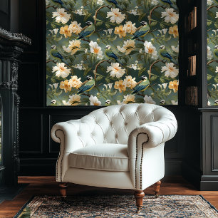 Peach and Green Chinoiserie Style Floral Wallpaper