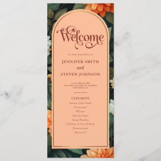 Peach and Green Floral Gold Foil Arch Wedding Program