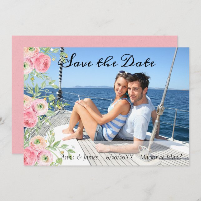 Peach and Green Floral Photo Save the Date Invitation (Front/Back)