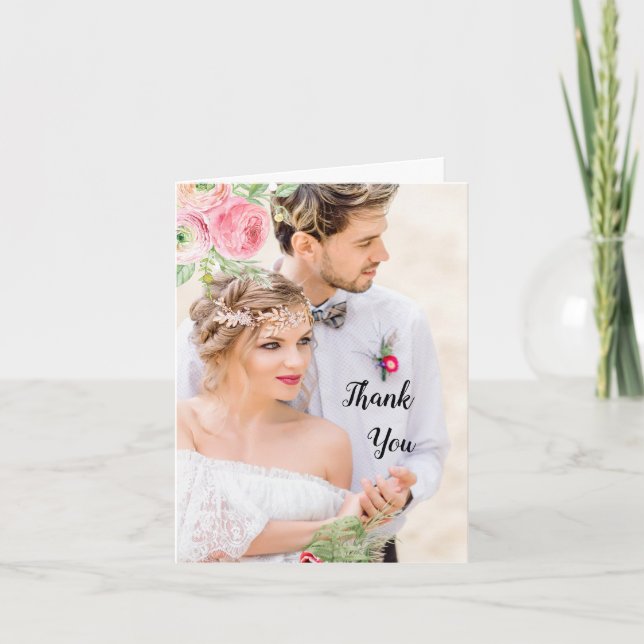 Peach and Green Floral Photo Wedding Thank You (Front)