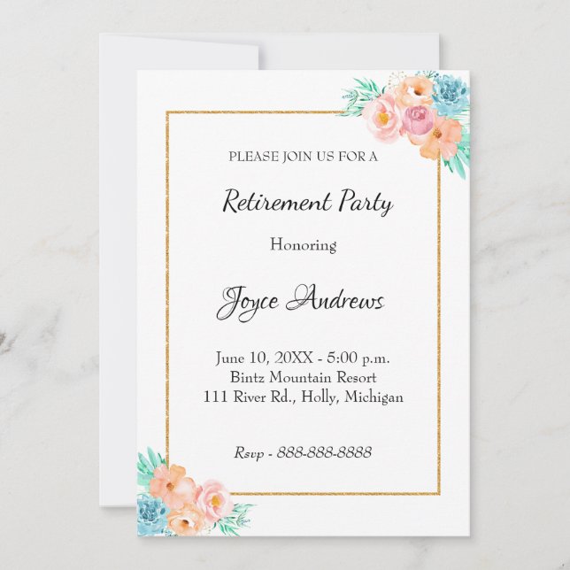 Peach and Green Floral Retirement Invitation (Front)