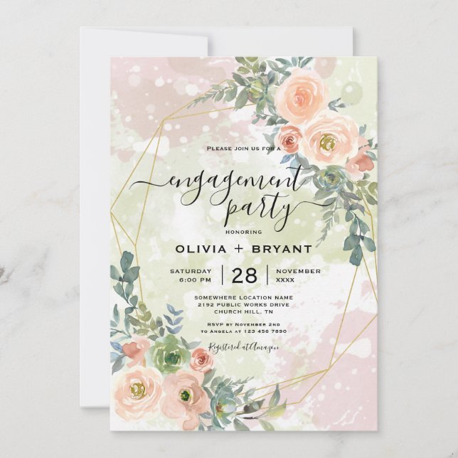 Peach and Green Gold Geometric Frame Invitation (Front)
