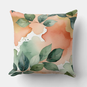 Peach and Green Leaves Watercolor   Cushion