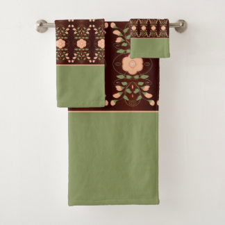 Peach And Green With Dark Brown Bath Towel Set