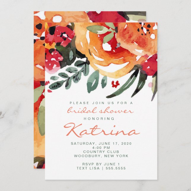 Peach and Greenery Watercolor Floral Bridal Shower Invitation (Front/Back)