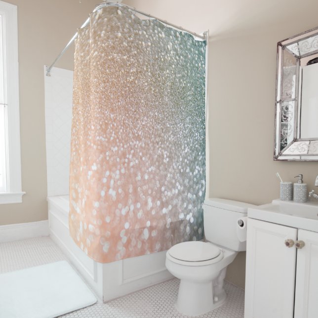 Peach and Grey Sparkle Glamour Glitter Shower Curtain (In Situ)