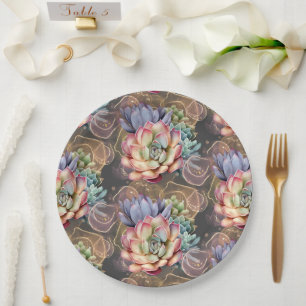 Peach and Grey Succulents Paper Plate