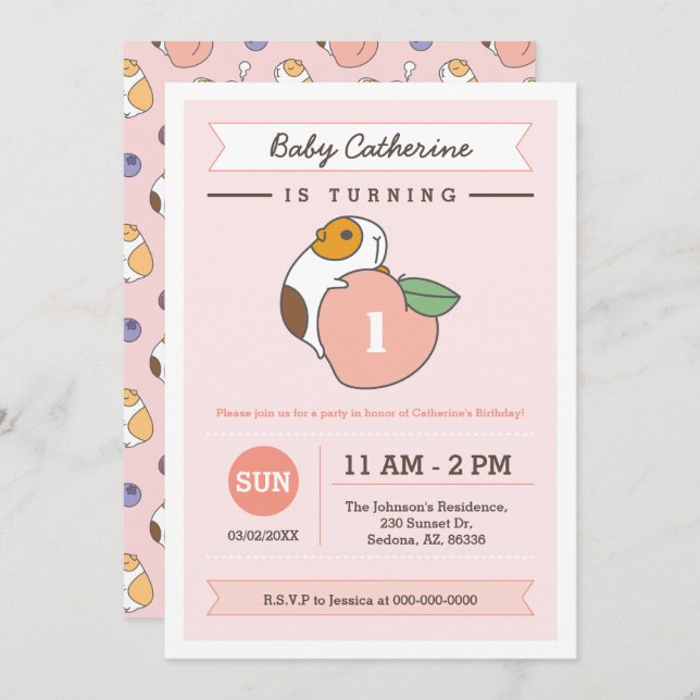 Peach and Guinea pig birthday Invitation (Front/Back)