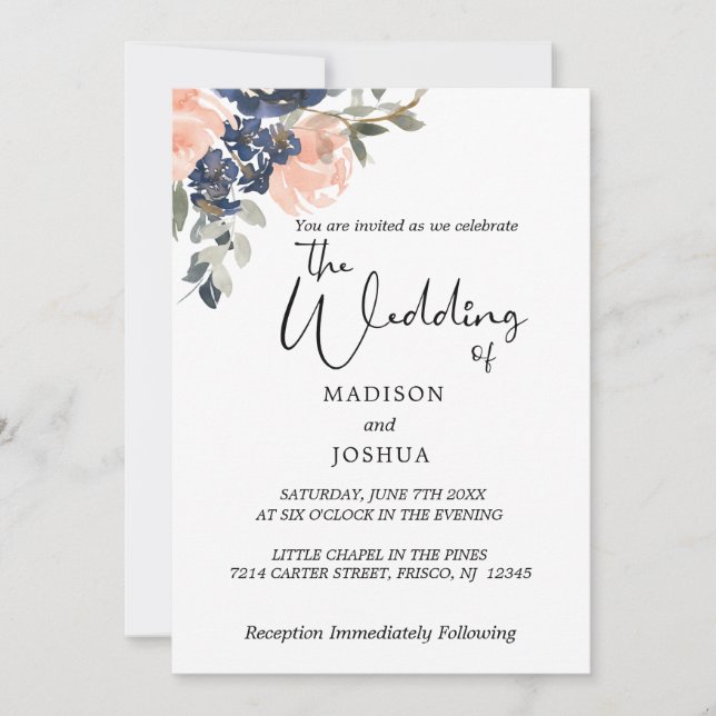 Peach and Indigo Blue Floral Invitation (Front)