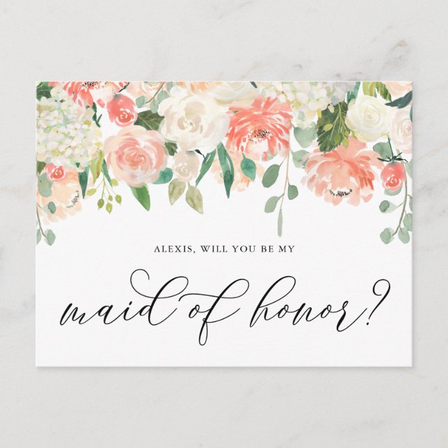 Peach and Ivory Flowers Be My Maid of Honour Postcard (Front)