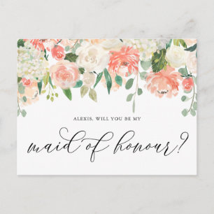Peach and Ivory Flowers Be My Maid of Honour Postcard