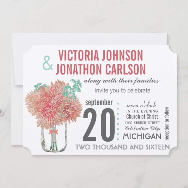 Peach and Mint Chrysanthemum Mason Jar Wedding Invitation (Front)