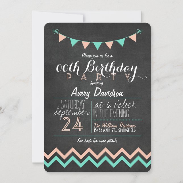 Peach and Mint Green Chalkboard Birthday Party Invitation (Front)