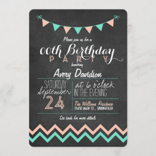 Peach and Mint Green Chalkboard Birthday Party Invitation