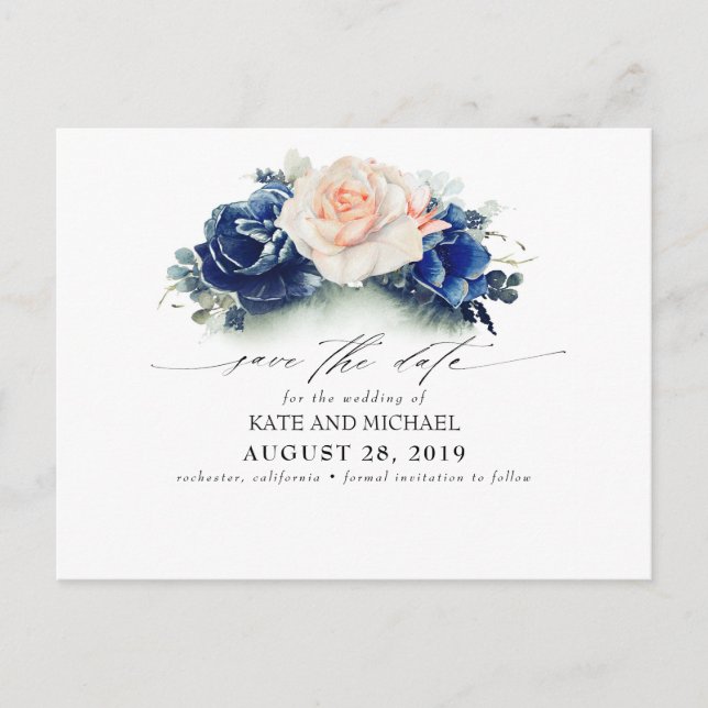 Peach and Navy Blue Floral Boho Save the Date Postcard (Front)