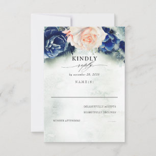 Peach and Navy Blue Floral Wedding RSVP Card