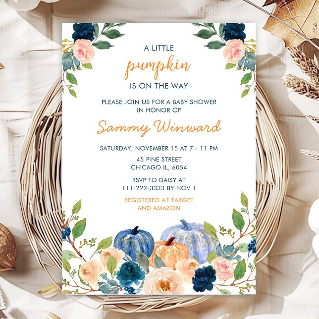 Peach and Navy Blue Pumpkins Baby Shower Invitatio Invitation (Creator Uploaded)