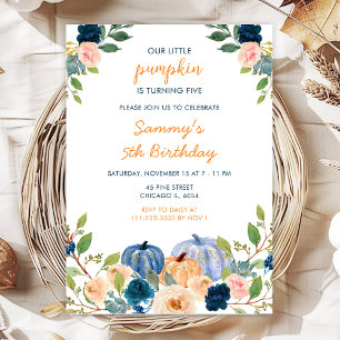 Peach and Navy Blue Pumpkins Birthday Party Invitation