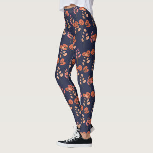 Peach and Navy Modern Floral Pattern Leggings