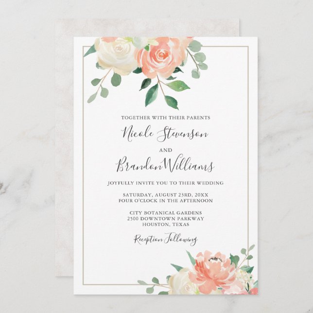 Peach and Off-White Elegant Floral Wedding Invitation (Front/Back)