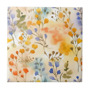 Peach and Periwinkle Floral Ceramic Tile