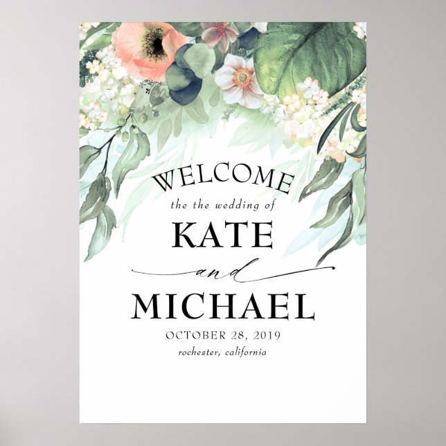 Peach and Pink Floral Garden Wedding Welcome Poster (Front)