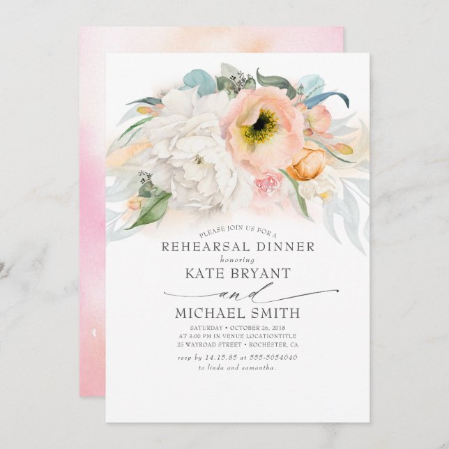 Peach and Pink Floral Modern Rehearsal Dinner Invitation (Front/Back)