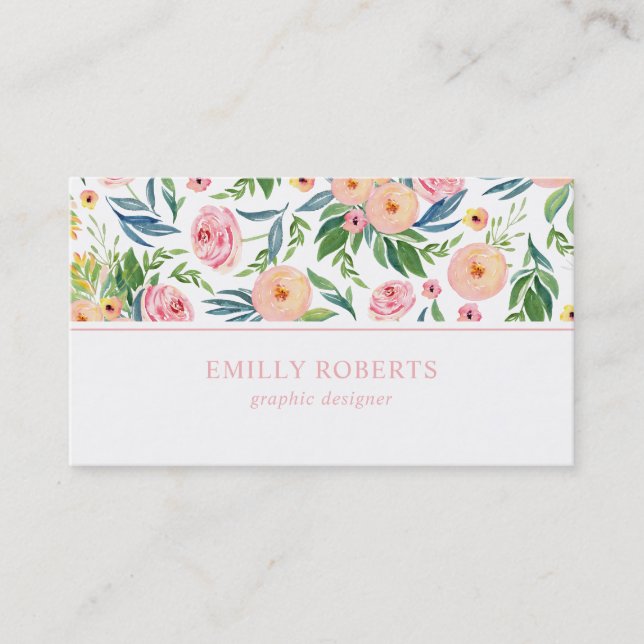 Peach and pink peonies floral pattern business card (Front)