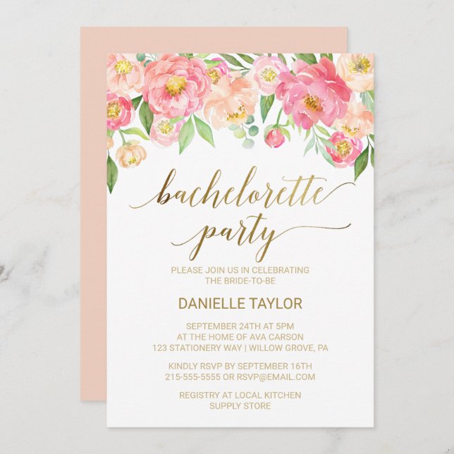 Peach and Pink Peony Flowers Bachelorette Party Invitation (Front/Back)