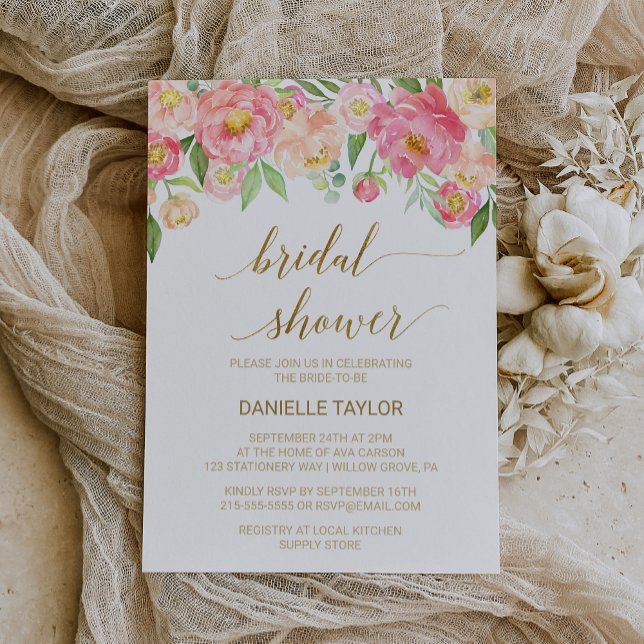 Peach and Pink Peony Flowers Bridal Shower Invitation (Creator Uploaded)