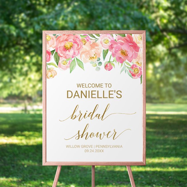Peach and Pink Peony Flowers Bridal Shower Welcome Poster (Creator Uploaded)