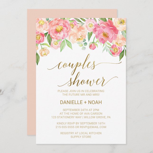 Peach and Pink Peony Flowers Couples Shower Invitation (Front/Back)