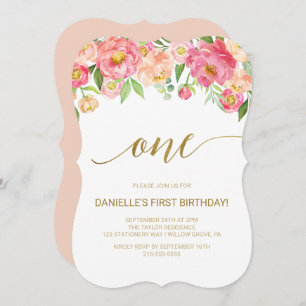 Peach and Pink Peony Flowers First Birthday Party Invitation