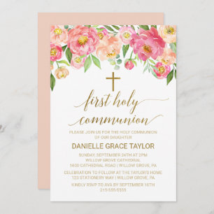 Peach and Pink Peony Flowers First Holy Communion Invitation